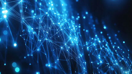 Obraz premium Abstract digital background with glowing connections and light particles on a blue backdrop, representing a technology or global network concept
