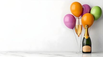 Celebration Setup with Champagne Glass and Colorful Balloons