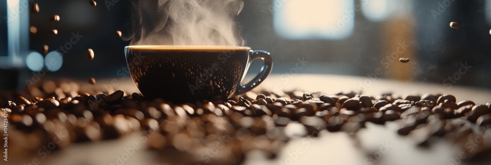 Poster close up of steaming coffee cup surrounded by coffee beans on wooden table with natural light in coz