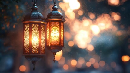 Mystical scene of a street lamp adorned with mosaic lanterns at dusk.