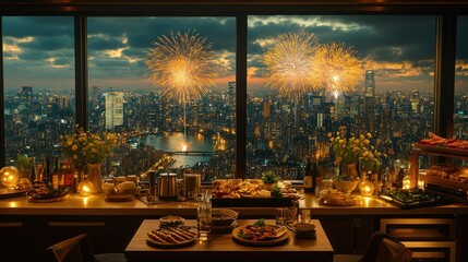 Fireworks over city skyline viewed from penthouse apartment with food and drinks.