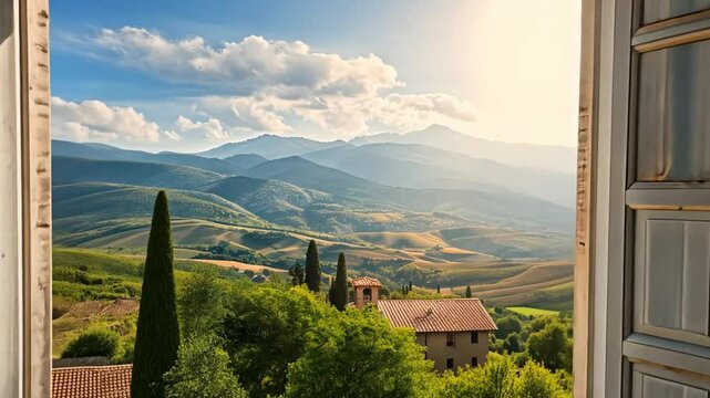 A Breathtaking Mountain View from an Old Window