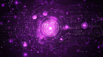 Fototapeta premium A digital technology concept design with a purple background, featuring technological elements and interconnected circles, linked by lines