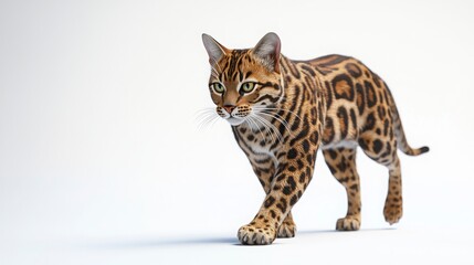 Obraz premium Realistic Bengal Cat Walking on White Background in Studio Setting
