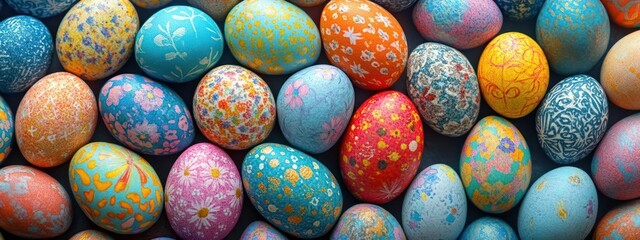 A vibrant assortment of colorfully decorated eggs.