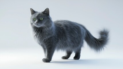 Cute Gray Cat with Green Eyes Standing on a Soft White Background