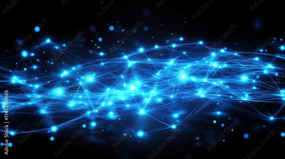 Poster abstract digital background with glowing connections and light particles on a blue backdrop, represe