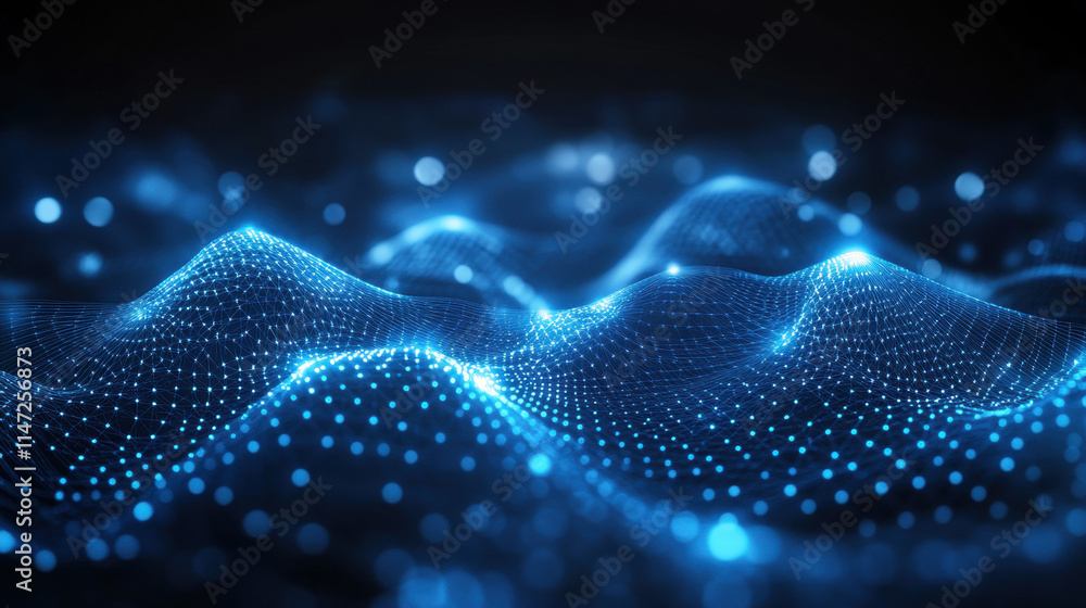 Poster abstract digital background with glowing connections and light particles on a blue backdrop, represe