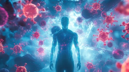 A 3D human silhouette surrounded by glowing antibodies and protective shields, symbolizing immunity against diseases and threats