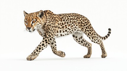 Obraz premium Realistic Leopard Walking on White Background in Studio Setting