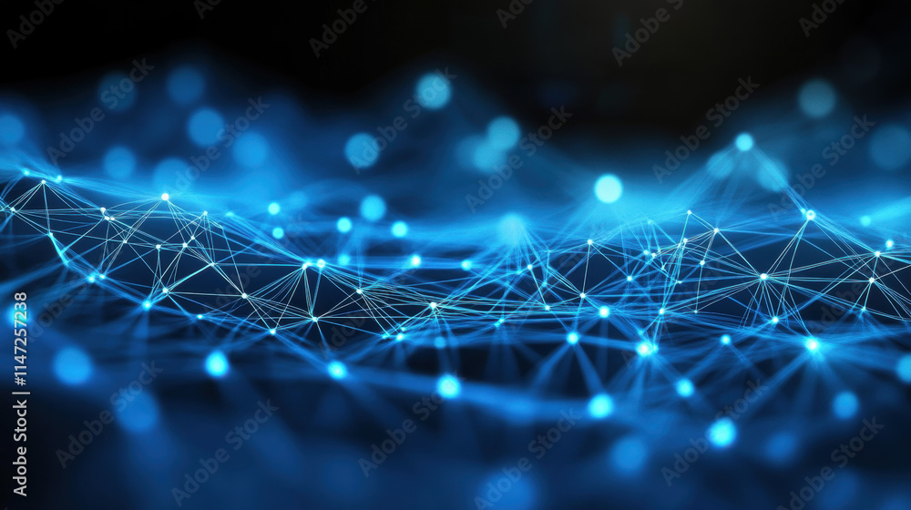 Poster abstract digital background with glowing connections and light particles on a blue backdrop, represe
