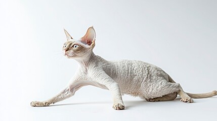 Elegant Devon Rex Cat in Dynamic Pose on Light Background
