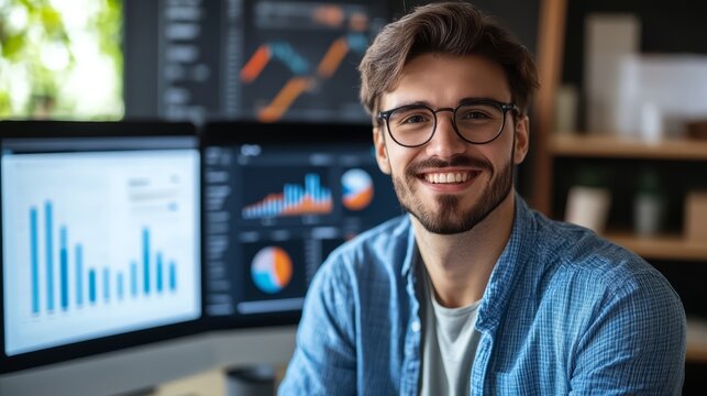Data Analytics. The analyst at his office with computer screen display business datum dashboard in the background