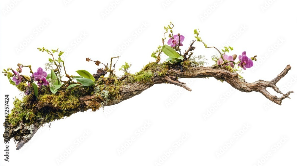 Poster a beautifully aged tree branch with moss and orchids, isolated on a white background, capturing the 
