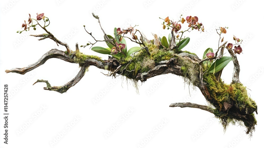 Poster a beautifully aged tree branch with moss and orchids, isolated on a white background, capturing the 