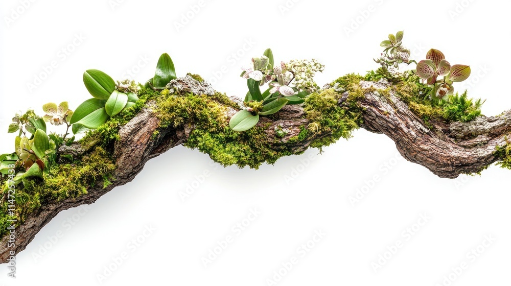 Poster a beautifully aged tree branch with moss and orchids, isolated on a white background, capturing the 