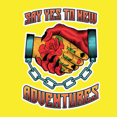 Old school tattoo illustration, neo trad of handcuffed handshake between man and the devil, man's hand tattooed with rose, lettering luck and playing cards, lettering written say yes to new adventures