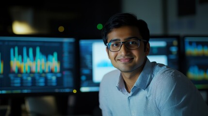 Fototapeta premium Data Analytics. An Indian analyst at his office with computer screen display business datum dashboard in the background