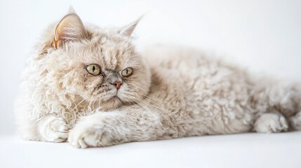 Obraz premium Fluffy Light Cream Cat with Green Eyes Relaxing on a Soft Surface
