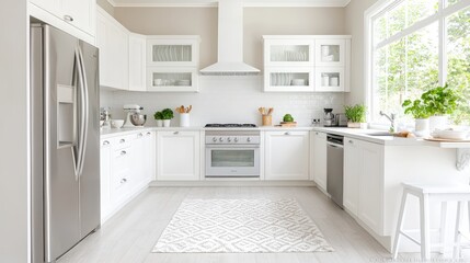 Modern white kitchen with stainless steel appliances and rug.