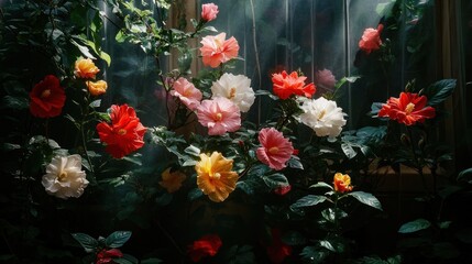 Colorful hibiscus flowers blooming in greenhouse sunlight.