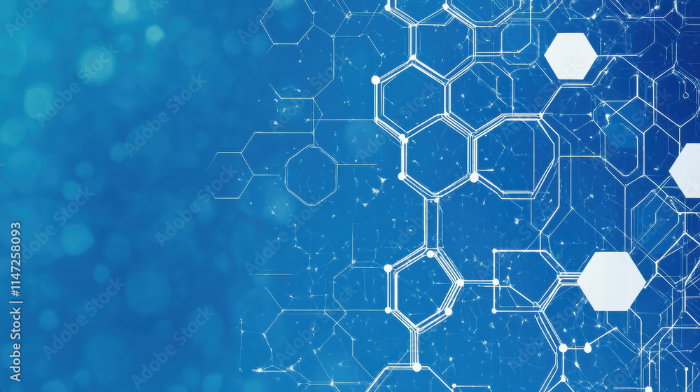 Poster blue background with white hexagons and lines for a technology or science vector banner design templ