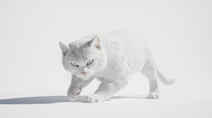 White Cat Walking Gracefully on Bright White Background