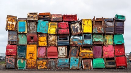 Obraz premium A chaotic stack of weathered car doors in vibrant hues, rusted and paint chipped, forming an abstract scrapyard sculpture under a gray sky