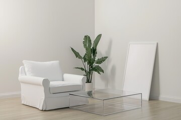 Scandinavian living room with white armchair, glass coffee table, and an innovative 3D mockup frame for striking visuals.