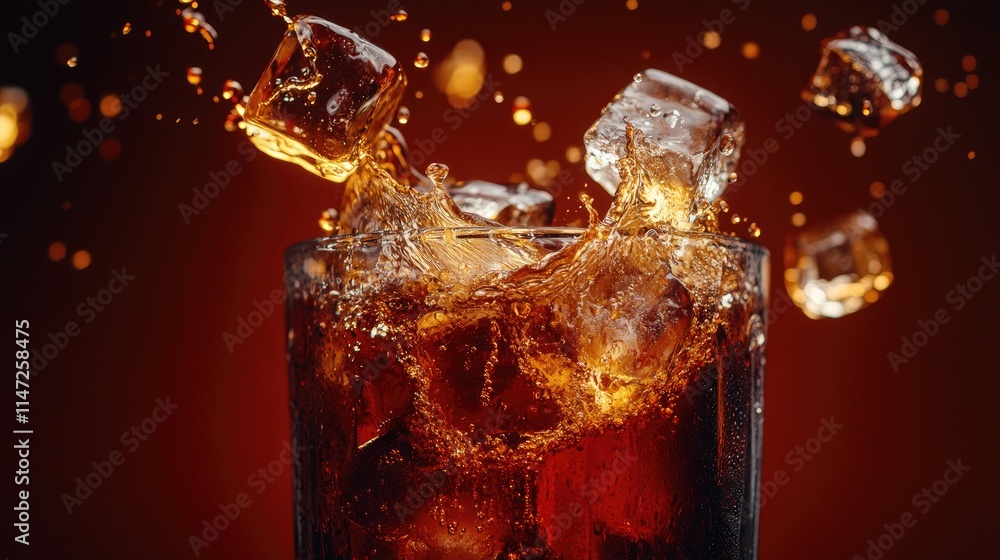 Poster A clear beverage with ice cubes splashing into it, captured in mid-motion, perfect for conveying excitement and leaving space for text in an active setting