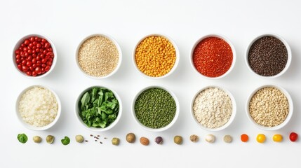 A clean-label food display featuring a colorful selection of fresh produce and grains on a white backdrop, highlighting the essence of health and natural purity