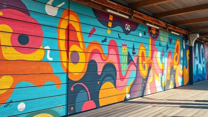 Obraz premium Outdoor Mural Poster Mockup on Wooden Wall - Bright, Sharp Colors, Depth & Mood