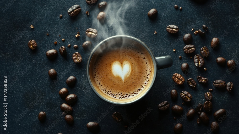 Poster close up view of heart shaped latte art on coffee cup surrounded by roasted coffee beans inviting wa