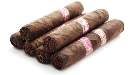 A close-up of a rustic pile of Cuban cigars, their rolled details and textures clearly visible, set against a clean white background to emphasize their elegance