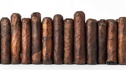 A close-up of a rustic pile of Cuban cigars, their rolled details and textures clearly visible, set against a clean white background to emphasize their elegance