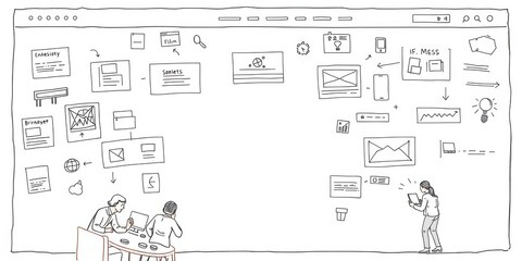 Website development team collaborating on wireframe sketch for responsive web content, sketching, developers