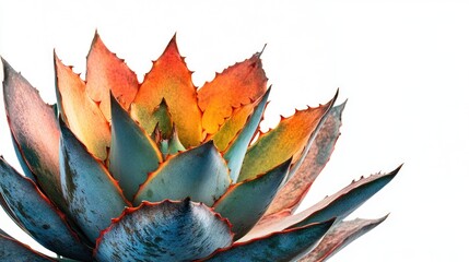 Fototapeta premium A close-up of a succulent cactus with vivid colors, showcasing its sharp spines and intricate textures, set against a clean white backdrop