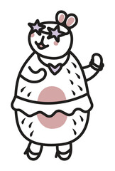 Cute dancing whimsical capybara, black line vector doodle, trendy kawaii female character, big friendly rodent with festive mood