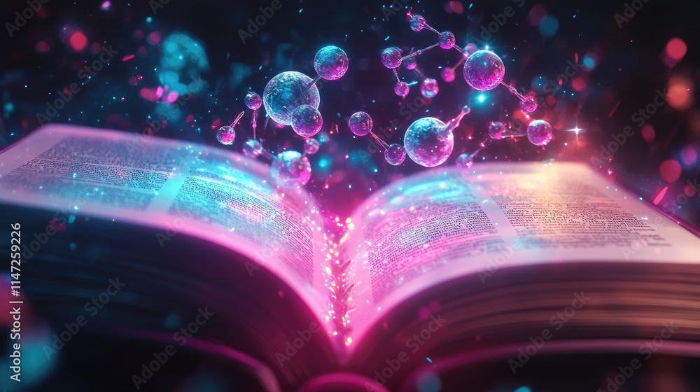 Aufkleber a close-up of an open book with a holographic display of atoms and molecules rising from its pages, 
