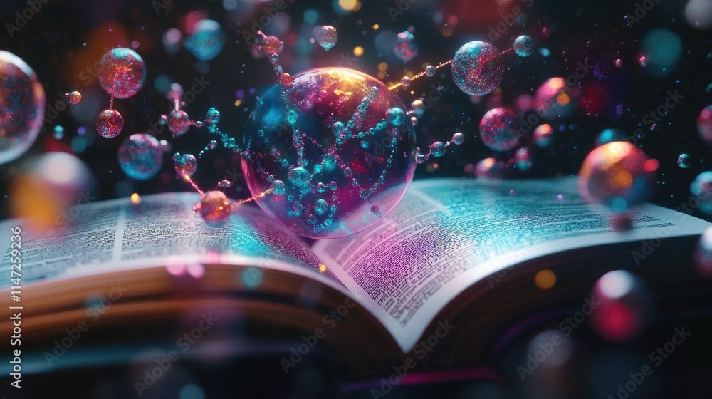 Poster a close-up of an open book with a holographic display of atoms and molecules rising from its pages, 