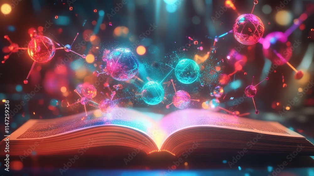 Poster A close-up of an open book with a holographic display of atoms and molecules rising from its pages, illuminated in bright, futuristic colors