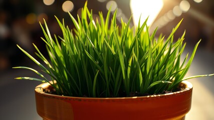 Potted Grass, Lush Green Growth, Vibrant AI Photo