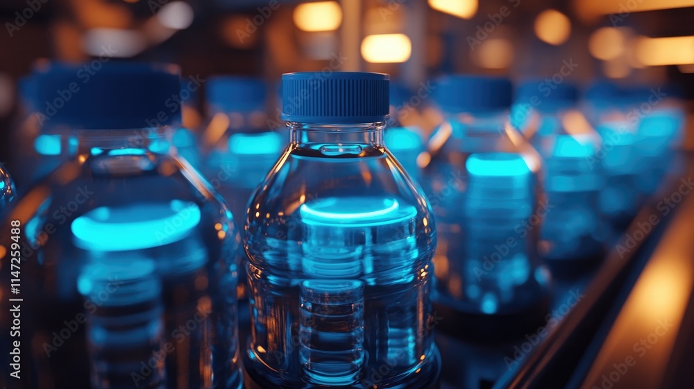 Poster A close-up of water bottles with blue caps moving through an automated production line, glowing softly under ambient lighting, showcasing modern manufacturing processes