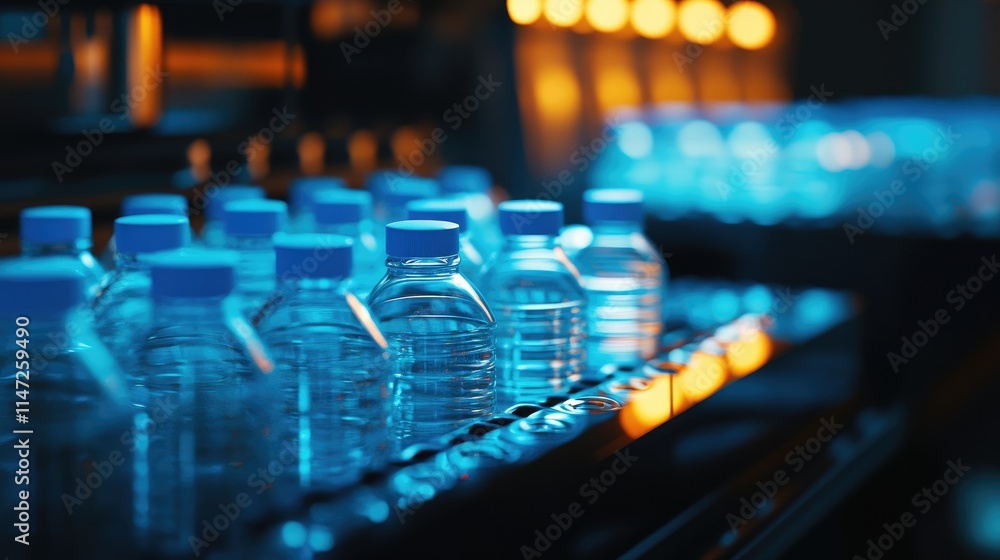 Poster A close-up of water bottles with blue caps moving through an automated production line, glowing softly under ambient lighting, showcasing modern manufacturing processes