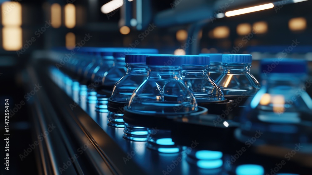 Poster a close-up of water bottles with blue caps moving through an automated production line, glowing soft