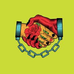 illustration of tattoo handshake between handcuffed man and devil, man's hand tattooed, colored