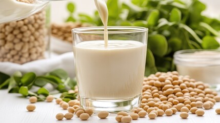 A close-up of soy milk being poured into a glass on a white table, capturing the delicate and fresh nature of the plant-based drink
