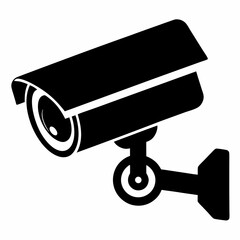 Black silhouette of a security camera isolated on white backdrop. Concept of security, monitoring.