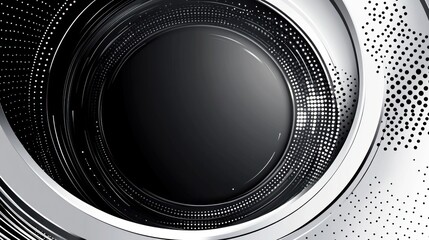 Abstract metallic swirl with central black circle.
