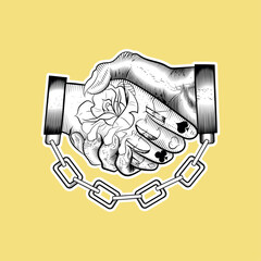 tattoo illustration handshake between handcuffed man and devil, man's hand tattooed with white sticker border